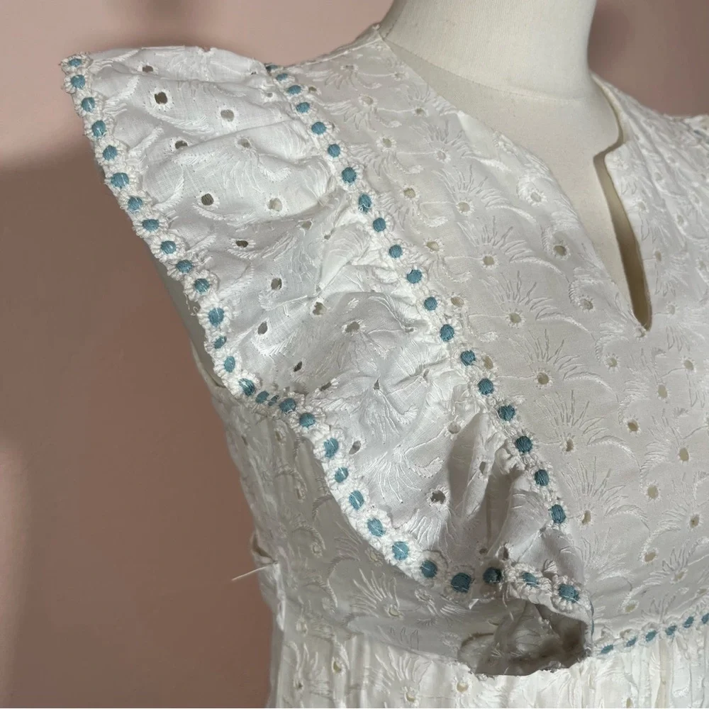 Vintage 60 70 Cottagecore White Eyelet Lace Ruffle Sleeve Praire Maxi Dress - Picture 8 of 17